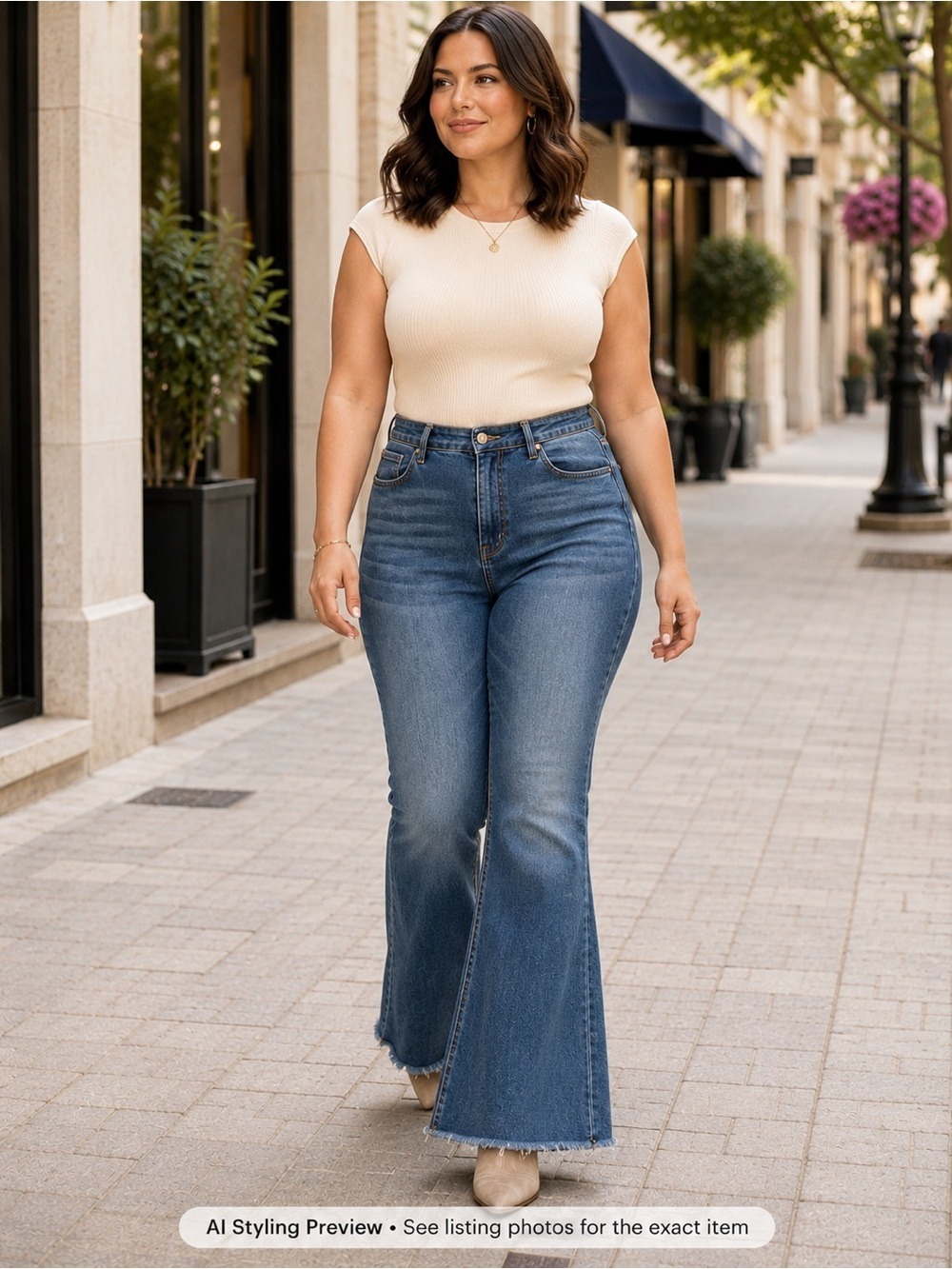 High Rise Stretch Flare Jeans 1XL Fits L-XL Medium Wash Raw Hem Y2K no